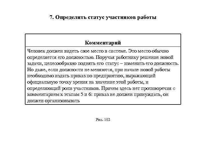 7. Определить статус участников работы Комментарий Человек должен видеть свое место в системе. Это