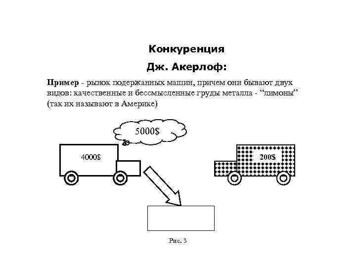 Конкуренция Дж. Акерлоф: Пример - рынок подержанных машин, причем они бывают двух видов: качественные