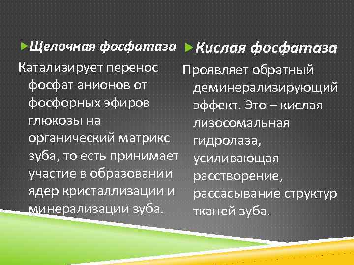  Щелочная фосфатаза Кислая фосфатаза Катализирует перенос Проявляет обратный фосфат анионов от деминерализирующий фосфорных