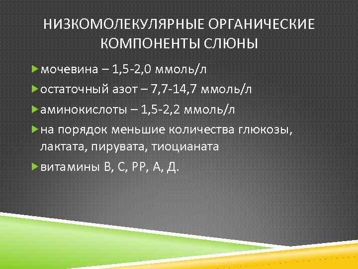 НИЗКОМОЛЕКУЛЯРНЫЕ ОРГАНИЧЕСКИЕ КОМПОНЕНТЫ СЛЮНЫ мочевина – 1, 5 -2, 0 ммоль/л остаточный азот –