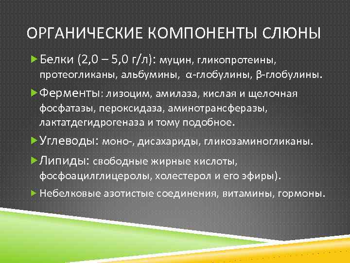 ОРГАНИЧЕСКИЕ КОМПОНЕНТЫ СЛЮНЫ Белки (2, 0 – 5, 0 г/л): муцин, гликопротеины, протеогликаны, альбумины,