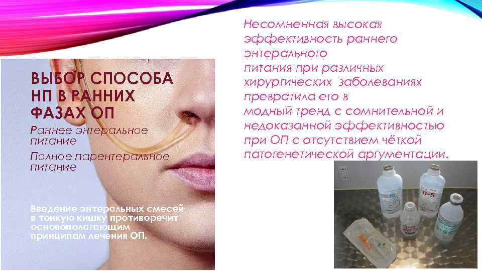 ВЫБОР СПОСОБА НП В РАННИХ ФАЗАХ ОП Раннее энтеральное питание Полное парентеральное питание Введение