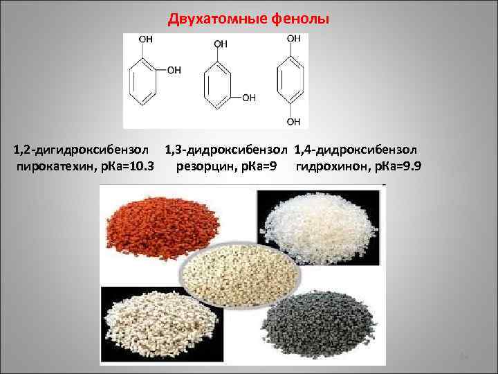 Двухатомные фенолы 1, 2 -дигидроксибензол 1, 3 -дидроксибензол 1, 4 -дидроксибензол пирокатехин, p. Ка=10.