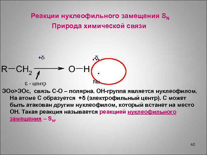 Реакции нуклеофильного замещения SN Природа химической связи +δ - центр -δ. . Nu ЭОо>ЭОс,