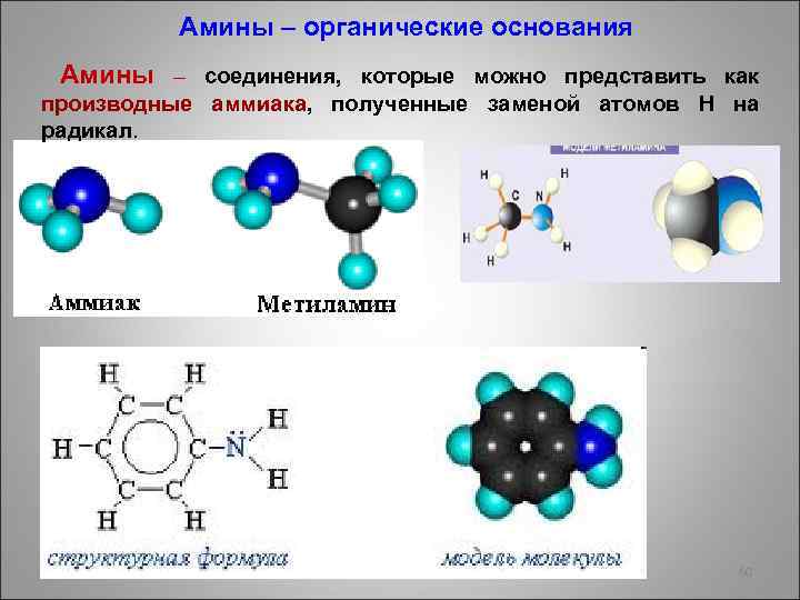 Амины – органические основания Амины – соединения, которые можно представить как производные аммиака, полученные