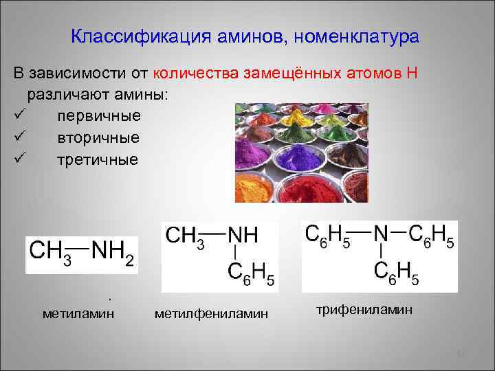 Классификация аминов, номенклатура В зависимости от количества замещённых атомов Н различают амины: ü первичные