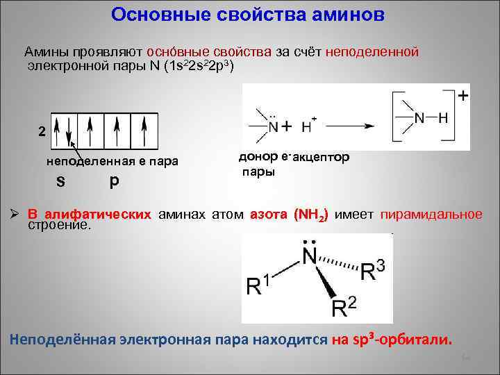 Основные свойства аминов Амины проявляют оснóвные свойства за счёт неподеленной электронной пары N (1