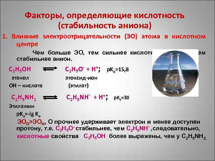 Факторы, определяющие кислотность (стабильность аниона) 1. Влияние электроотрицательности (ЭО) атома в кислотном центре Чем