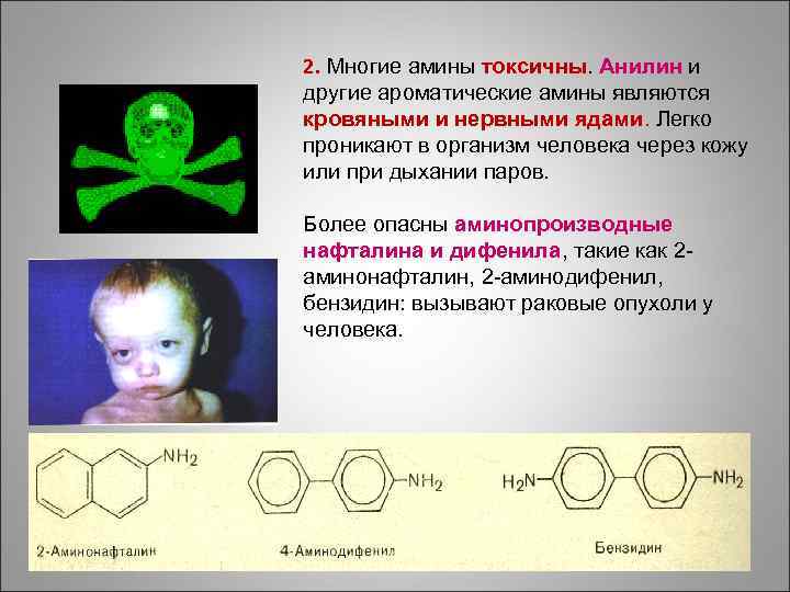 2. Многие амины токсичны. Анилин и другие ароматические амины являются кровяными и нервными ядами.