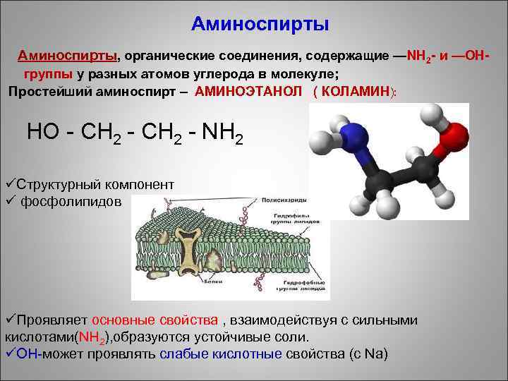 Аминоспирты, органические соединения, содержащие —NH 2 - и —ОНгруппы у разных атомов углерода в