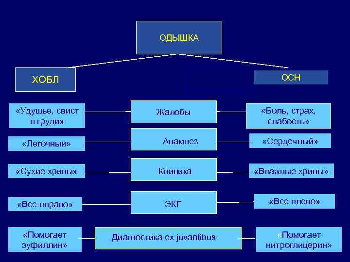ОДЫШКА ОСН ХОБЛ «Удушье, свист в груди» «Легочный» Жалобы Анамнез «Сухие хрипы» Клиника «Все