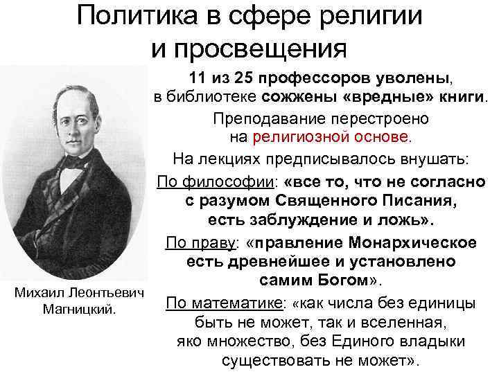 Политика в сфере религии и просвещения 11 из 25 профессоров уволены, в библиотеке сожжены