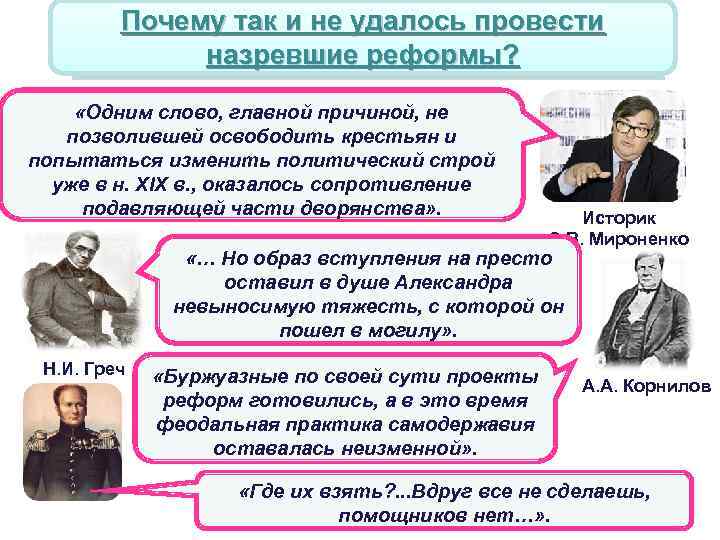 Почему так и не удалось провести Причины неудачи реформ назревшие реформы? «Одним слово, главной
