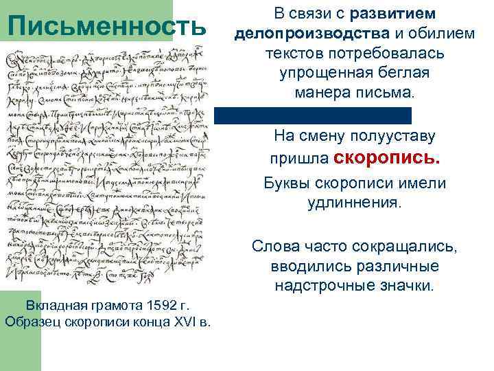 Письменность В связи с развитием делопроизводства и обилием текстов потребовалась упрощенная беглая манера письма.