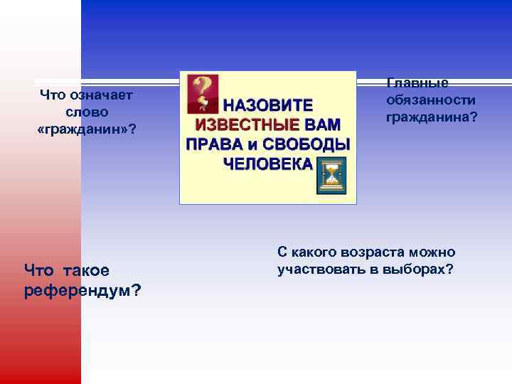 Что означает слово «гражданин» ? Что такое референдум? Главные обязанности гражданина? С какого возраста