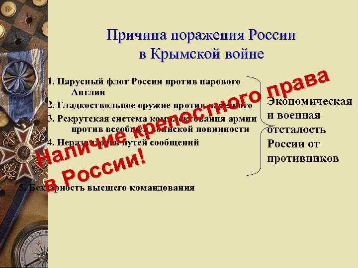 Причина поражения России в Крымской войне ава пр ого Экономическая и военная стн о