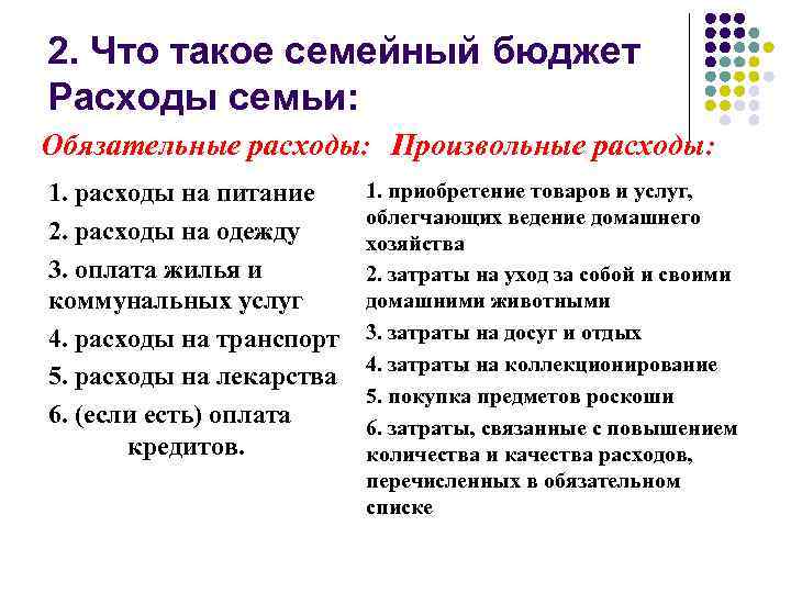 2. Что такое семейный бюджет Расходы семьи: Обязательные расходы: Произвольные расходы: 1. расходы на