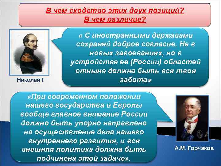 Основные направления внешней политики В чем сходство этих двух позиций? России различие? В чем