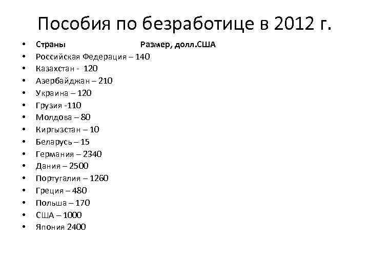 Пособия по безработице в 2012 г. • • • • Страны Размер, долл. США