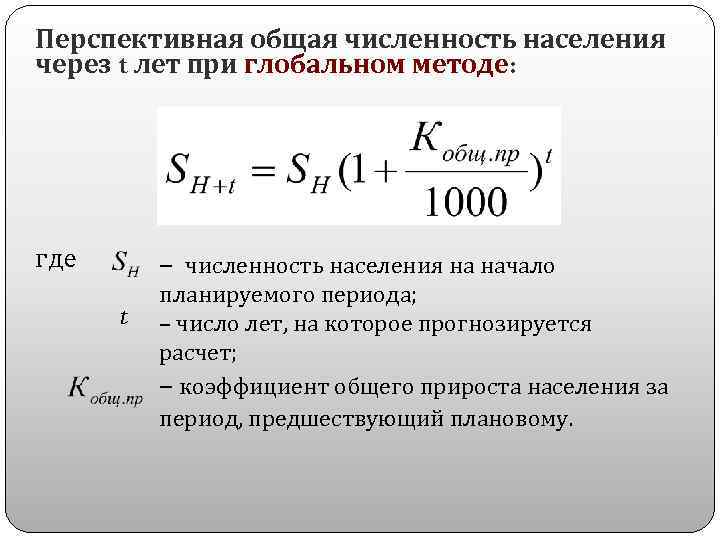 Перспективная общая численность населения через t лет при глобальном методе: где – численность населения