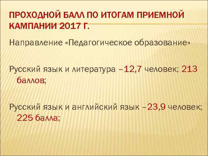 ПРОХОДНОЙ БАЛЛ ПО ИТОГАМ ПРИЕМНОЙ КАМПАНИИ 2017 Г. Направление «Педагогическое образование» Русский язык и