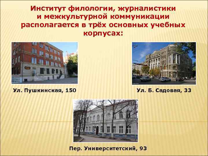 Институт филологии, журналистики и межкультурной коммуникации располагается в трёх основных учебных корпусах: Ул. Пушкинская,