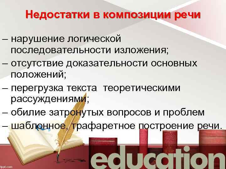 Недостатки в композиции речи – нарушение логической последовательности изложения; – отсутствие доказательности основных положений;