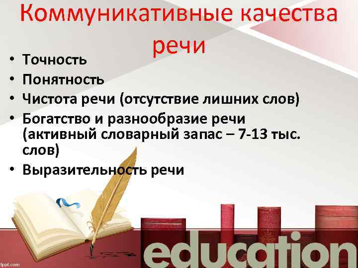 Коммуникативные качества речи • Точность • Понятность • Чистота речи (отсутствие лишних слов) •