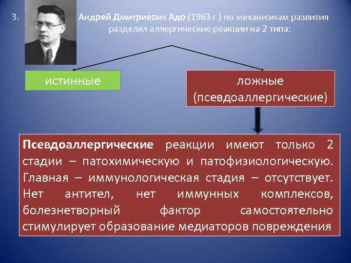 3. Андрей Дмитриевич Адо (1963 г. ) по механизмам развития разделял аллергические реакции на