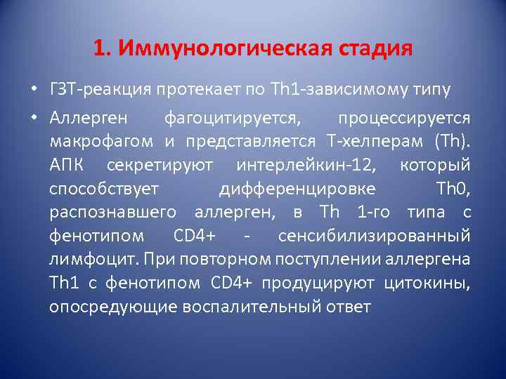 1. Иммунологическая стадия • ГЗТ-реакция протекает по Th 1 -зависимому типу • Аллерген фагоцитируется,