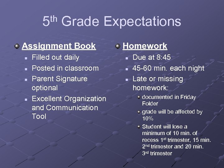 5 th Grade Expectations Assignment Book n n Filled out daily Posted in classroom