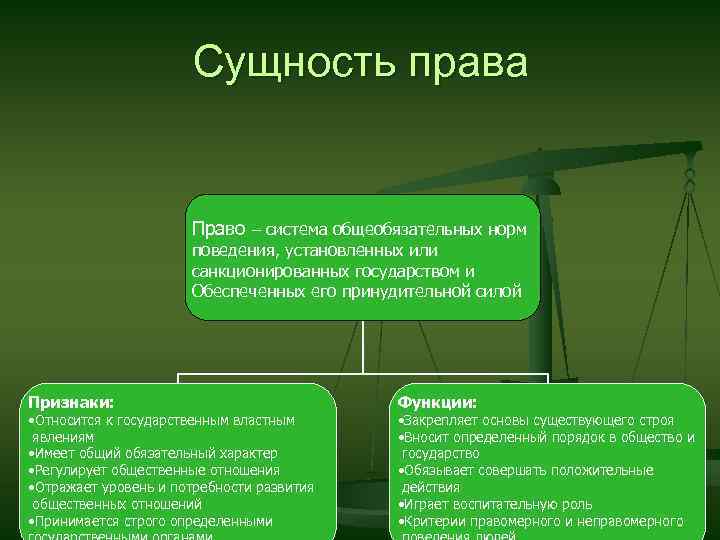 Сущность права Право – система общеобязательных норм поведения, установленных или санкционированных государством и Обеспеченных