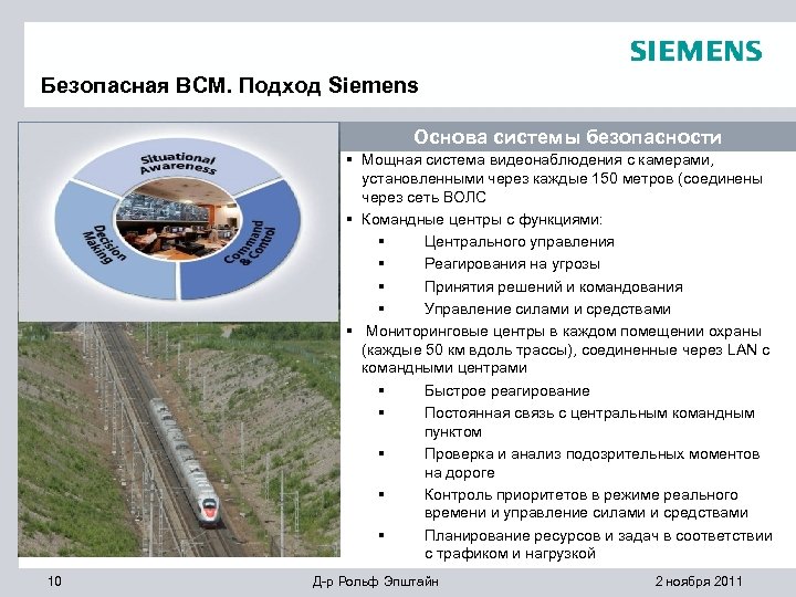 Безопасная ВСМ. Подход Siemens Основа системы безопасности § Мощная система видеонаблюдения с камерами, установленными
