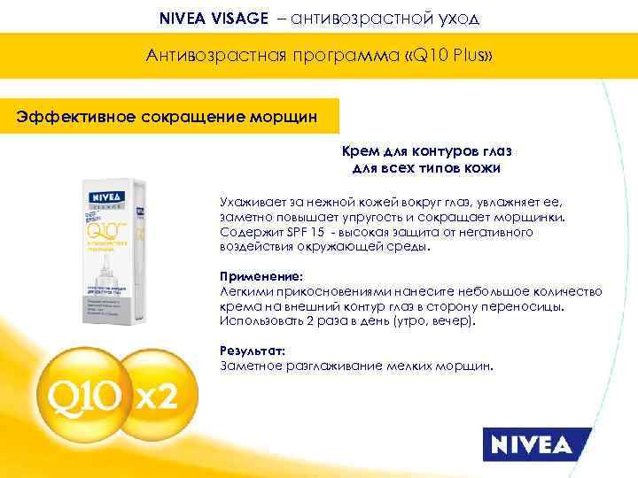 NIVEA VISAGE – антивозрастной уход Антивозрастная программа «Q 10 Plus» Эффективное сокращение морщин Крем