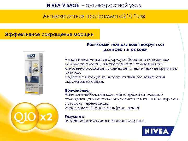 NIVEA VISAGE – антивозрастной уход Антивозрастная программа «Q 10 Plus» Эффективное сокращение морщин Роликовый