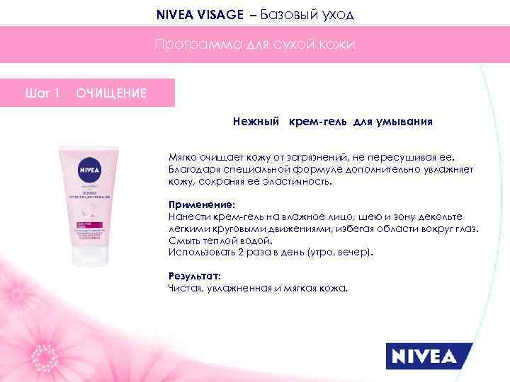 NIVEA VISAGE – Базовый уход Программа для сухой кожи Шаг 1 ОЧИЩЕНИЕ Нежный крем-гель