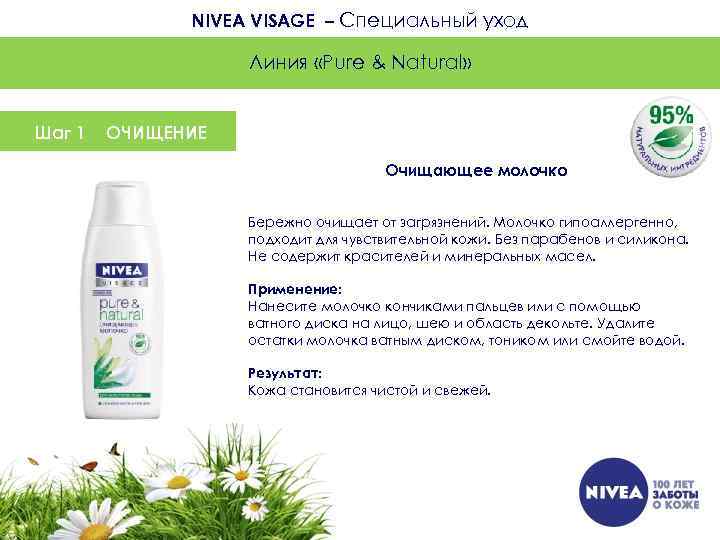 NIVEA VISAGE – Специальный уход Линия «Pure & Natural» Шаг 1 ОЧИЩЕНИЕ Очищающее молочко