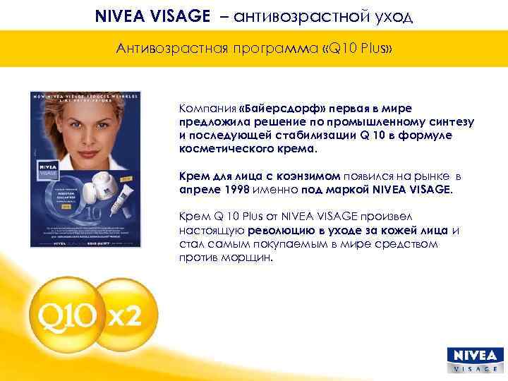 NIVEA VISAGE – антивозрастной уход Антивозрастная программа «Q 10 Plus» Компания «Байерсдорф» первая в