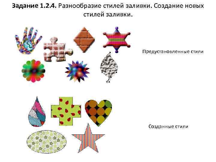 Задание 1. 2. 4. Разнообразие стилей заливки. Создание новых стилей заливки. Предустановленные стили Созданные