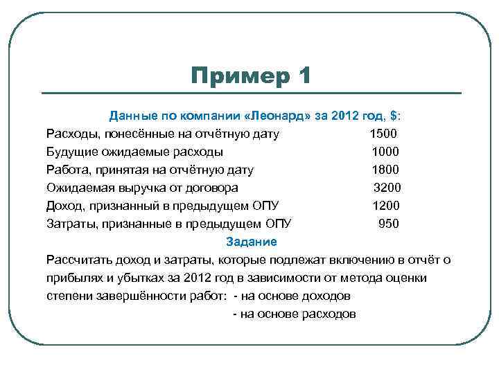 Пример 1 Данные по компании «Леонард» за 2012 год, $: Расходы, понесённые на отчётную