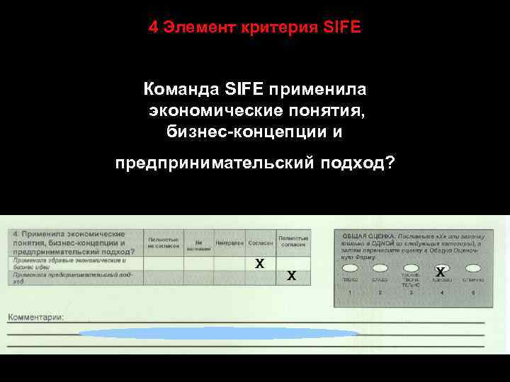 4 Элемент критерия SIFE Команда SIFE применила экономические понятия, бизнес-концепции и предпринимательский подход? 