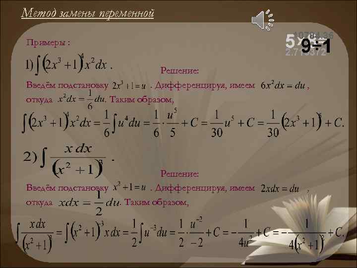 Метод замены переменной Примеры : Решение: Введём подстановку. Дифференцируя, имеем откуда. Таким образом, ,