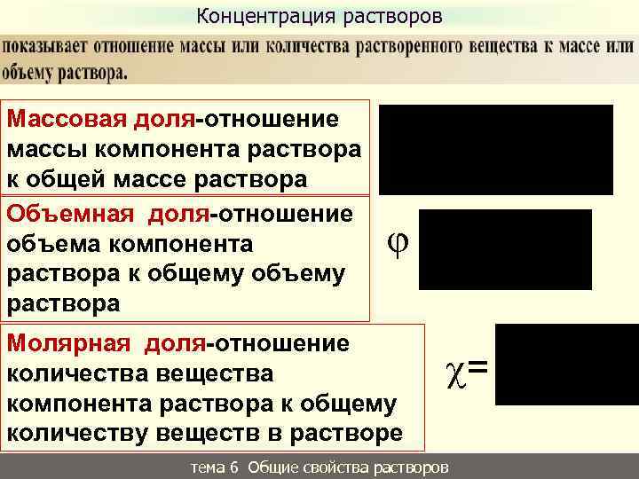 Концентрация растворов Массовая доля-отношение массы компонента раствора к общей массе раствора Объемная доля-отношение объема