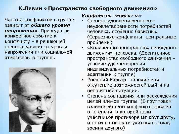 К. Левин «Пространство свободного движения» Частота конфликтов в группе зависит от общего уровня напряжения.