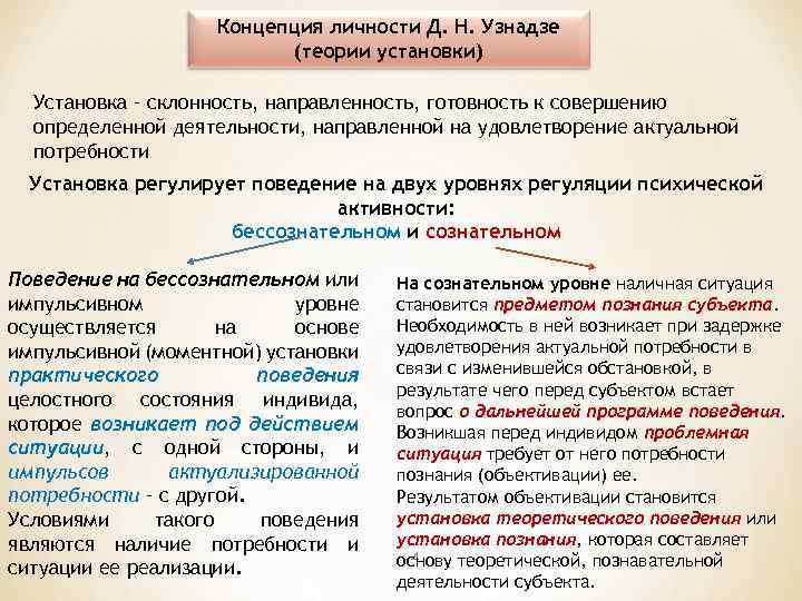 Концепция личности Д. Н. Узнадзе (теории установки) Установка – склонность, направленность, готовность к совершению