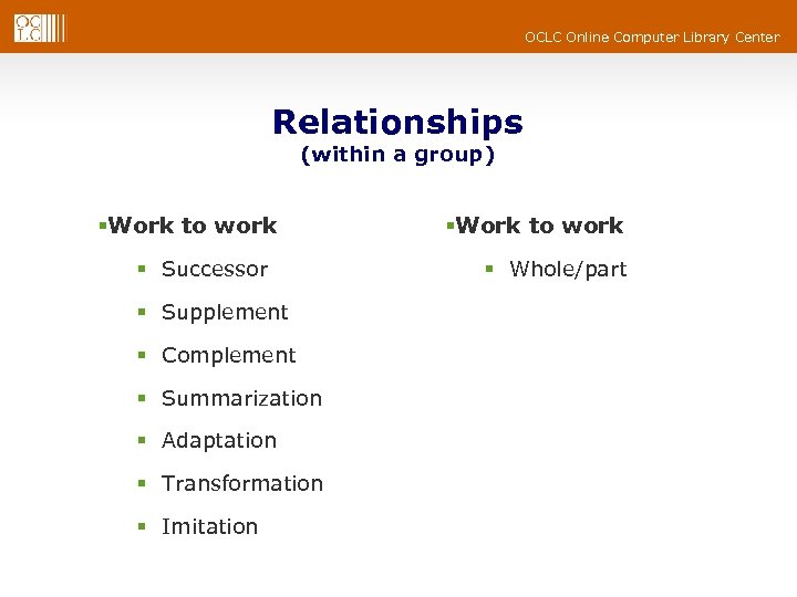 OCLC Online Computer Library Center Relationships (within a group) §Work to work § Successor