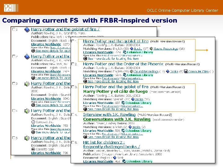 OCLC Online Computer Library Center Comparing current FS with FRBR-inspired version [kw: harry potter