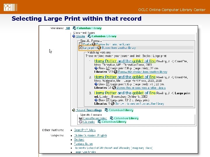 OCLC Online Computer Library Center Selecting Large Print within that record 