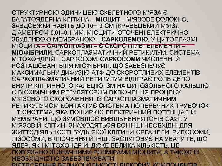 СТРУКТУРНОЮ ОДИНИЦЕЮ СКЕЛЕТНОГО М’ЯЗА Є БАГАТОЯДЕРНА КЛІТИНА – МІОЦИТ – М’ЯЗОВЕ ВОЛОКНО, ЗАВДОВЖКИ НАВІТЬ