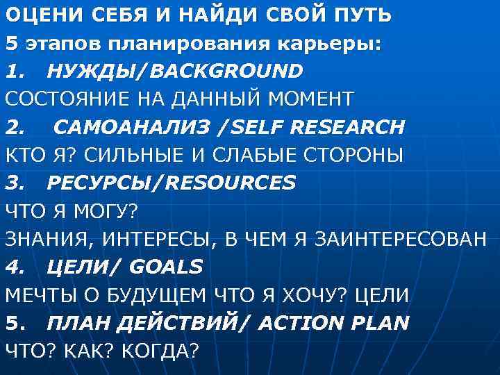 ОЦЕНИ СЕБЯ И НАЙДИ СВОЙ ПУТЬ 5 этапов планирования карьеры: 1. НУЖДЫ/BACKGROUND СОСТОЯНИЕ НА